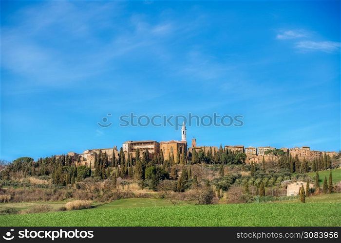 PIENZA, ITALY - MARCH 4, 2019: View of the medieval village of Pienza in Tuscany
