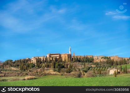 PIENZA, ITALY - MARCH 4, 2019: View of the medieval village of Pienza in Tuscany