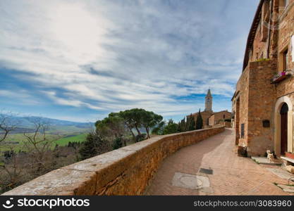 PIENZA, ITALY - MARCH 4, 2019: Walk along the walls of Pienza in Tuscany Italy