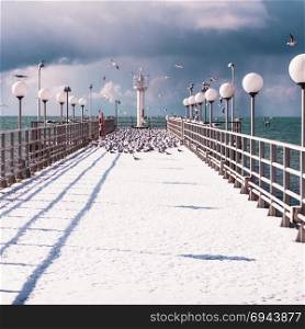pier in winter. Snow covered pier. Winter landscape. Russia