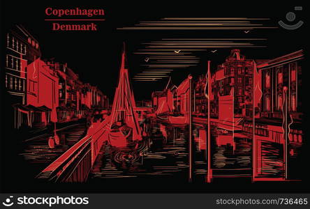 Pier Nyhavn in Copenhagen, Denmark. Landmark of Denmark. Vector hand drawing illustration in red color isolated on black background.