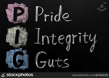 PIG acronym - Pride, integrity, guts written with chalk on a blackboard