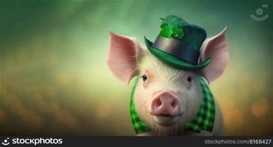 Pig in a green hat, Saint Patrick day illustration on a blurred background. Generative AI 