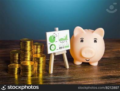 Pig piggy bank proudly presenting good money saving results. Financial literacy, asset management. Increase profits, reduce costs optimization. Business investment plan. Statistics, results reports