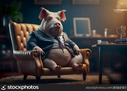Pig wearing a classy suit sitting in the executive chair , Generate AI