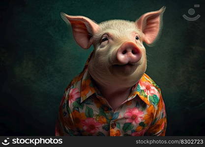 Pig wearing a flower print shirt, in the style of photorealistic portraits, tropical symbolism with a dark background by generative AI