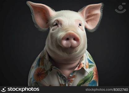 Pig wearing a flower print shirt, in the style of photorealistic portraits, tropical symbolism with a dark background by generative AI