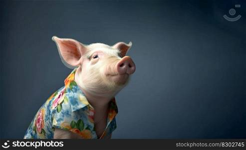 Pig wearing a flower print shirt, in the style of photorealistic portraits, tropical symbolism with a dark background by generative AI