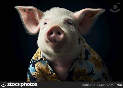 Pig wearing a flower print shirt, in the style of photorealistic portraits, tropical symbolism with a dark background by generative AI