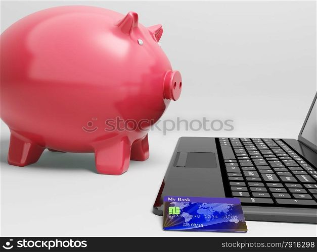 Piggy At Computer Showing Banking On Laptop