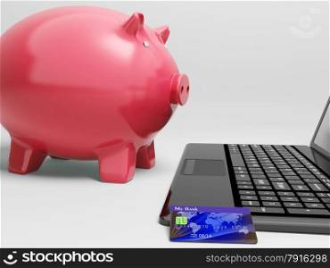 Piggy At Computer Showing Banking On Laptop