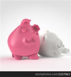 piggy bank 3d standing and another fall as conept