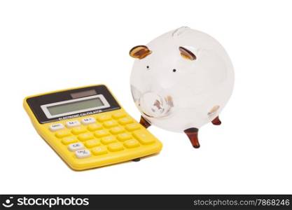 Piggy bank and callculator isolated on white background
