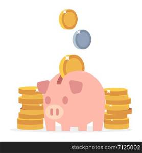 Piggy bank and coins. Flat saving money vector concept. Illustration of moneybox and piggybank with money coins. Piggy bank and coins. Flat saving money vector concept