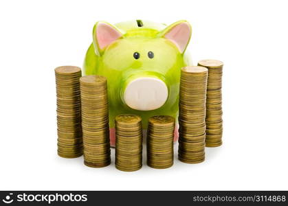 Piggy bank and coins isolated on white