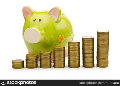 Piggy bank and coins isolated on white