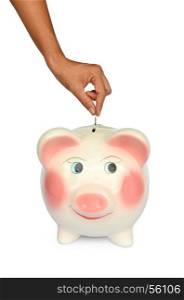 Piggy bank and hand with coin isolated on white backgroung