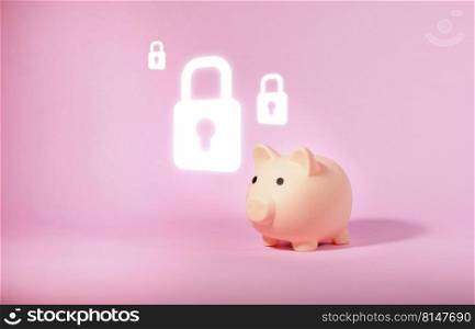 Piggy bank and key lock icon. Security money concept. 