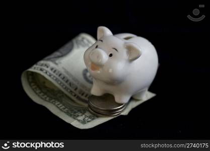 Piggy Bank and money. Black background