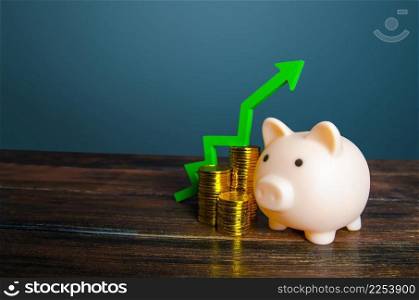Piggy bank and money. Growth in savings and property assets. Enrichment and wealth. Successful profitable investment. Pension Fund. Deposit banking. Accumulation of funds. The economic growth