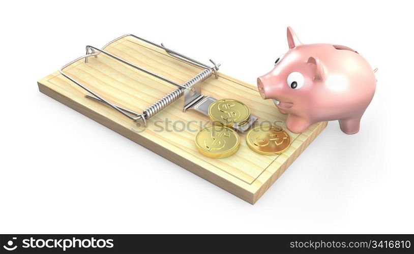 Piggy bank and mouse trap, isolated on white background