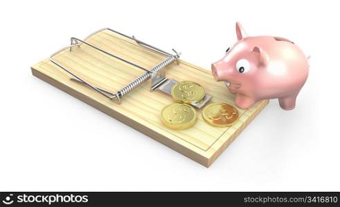 Piggy bank and mouse trap, isolated on white background