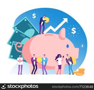 Piggy bank and people. Deposit money bank, wealth and cash accumulator financial vector concept. Illustration of deposit bank, money investment in banking. Piggy bank and people. Deposit money bank, wealth and cash accumulator financial vector concept