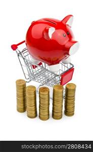 Piggy bank and shopping cart on white