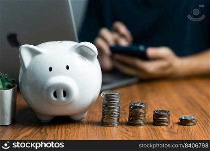 piggy bank and stack coins saving money wealth and financial concept.Business finance investment, Financial planning.