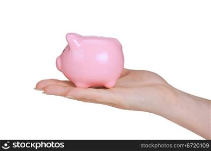 piggy bank and woman hand isolated on white background