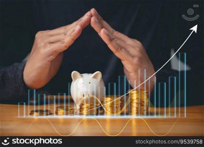 Piggy bank investment - businessman hand placing coins in a piggy bank with a graph of investment returns in the background. Concept for financial security and savings.