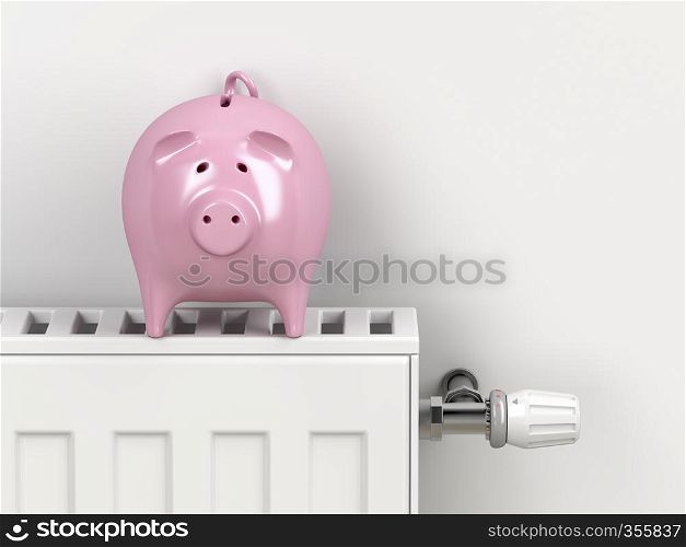 Piggy bank on central heating radiator. Concept image for saving money on heating.