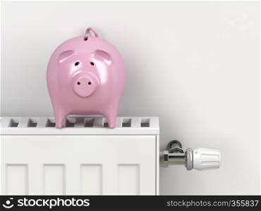 Piggy bank on central heating radiator. Concept image for saving money on heating.