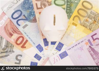 piggy bank surrounded by Euro notes
