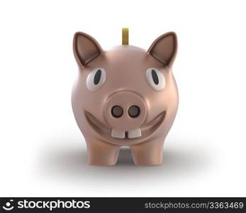 Piggy bank with a coin smiling front view isolated on white background