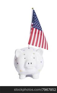 Piggy bank with American flag isolated on white