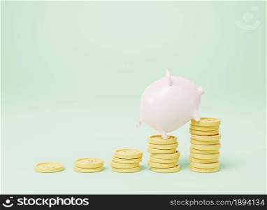 Piggy bank with coin money growing graph on green background, fat pig saving or accumulation of money investment moneybox, 3D rendering illustration