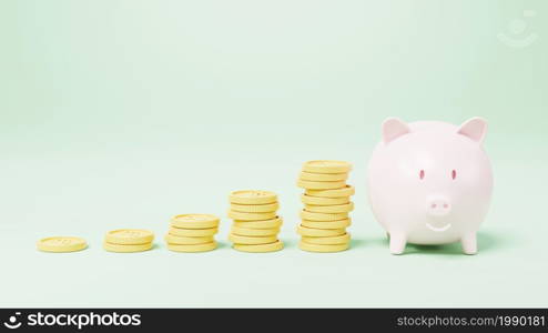 Piggy bank with coin money growing graph on green background, fat pig saving or accumulation of money investment moneybox, 3D rendering illustration