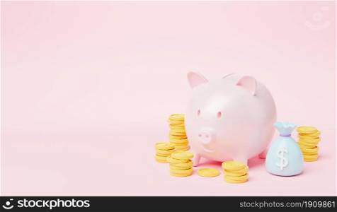 Piggy bank with coin stack and money bag on pink background, fat pig saving or accumulation of money investment moneybox, 3D rendering illustration