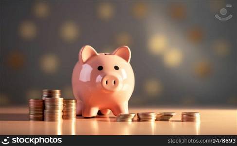 Piggy bank with coins on the table with a bokeh background