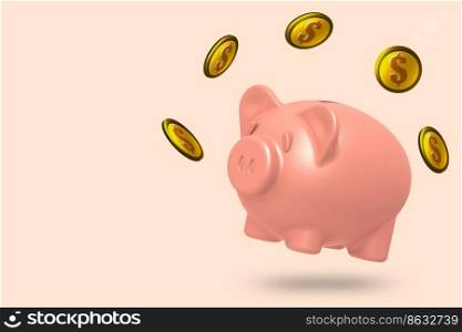 Piggy bank with falling coins for financial and money deposit concept, 3d rendering