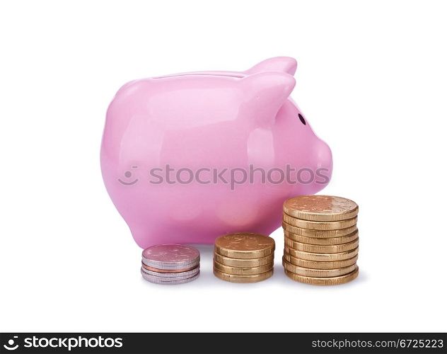 piggy bank with golden and silver coins isolated on white background