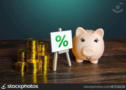 Piggy bank with money and percentage sign. Loan interest rate. Cashback shopping bonus. Return on investment ROI. Favorable offers of deposits by banks. High profitability. Saving money.