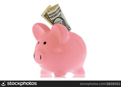 Piggy bank with one dollar, isolated on white background