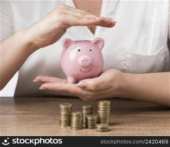 piggy bank with piles coins