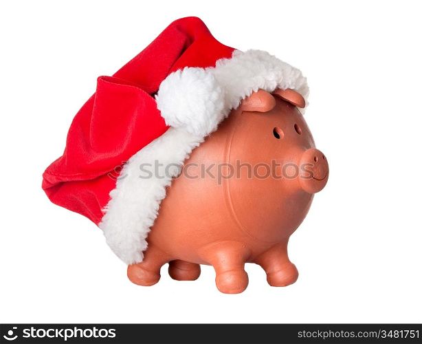 Piggy bank with Santa Claus hat isolated on white