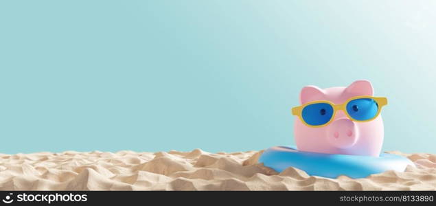 Piggy bank with sunglasses on sand beach with copy space 3D render