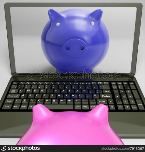 Piggy On Screen Showing Internet Investment Savings