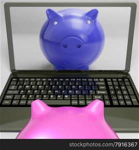 Piggy On Screen Showing Internet Investment Savings