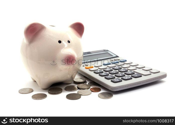 Piggybank and money on white background